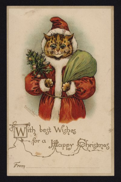Katt som julenissen, julehilsenskort (chromolitho) av Louis Wain