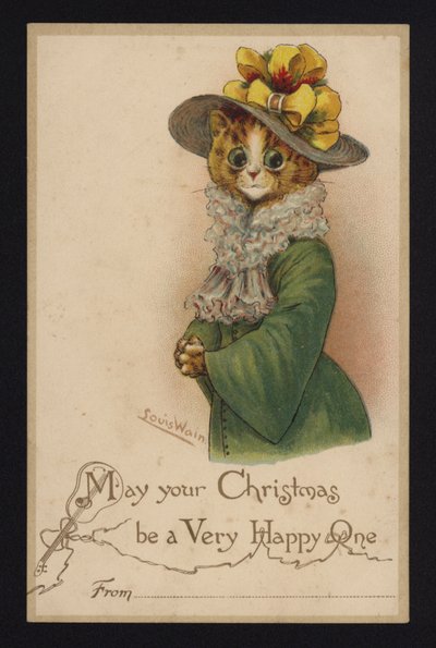 Katt iført en kvinnes hatt og frakk, julehilsenskort (chromolitho) av Louis Wain