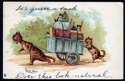 Det er litt av en oppgave, ser dette naturlig ut. Dyr i menneskelig holdning. Katter som trekker en vogn med kattungene sine og de bevegelige tingene i den. Postkort. Kromolitografi av Louis Wain (1860-1939), anglakunstner av Louis Wain