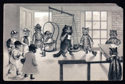 Vi utnytter godværet. Dyr i menneskelig holdning. Cat jockey blir veid på en vekt. Postkort. Kromolitografi av Louis Wain (1860-1939), en engelsk kunstner kjent for sin skildring av katter med store øyne. Begynnelsen av 20 av Louis Wain