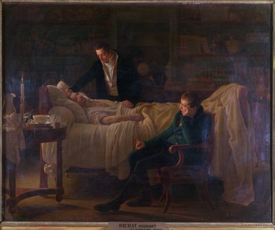 Marie Francois Xavier Bichat (1771-1802) døende omgitt av legene Esparon og Philibert Joseph Roux (1780-1854) av Louise Marie Jeanne Hersent