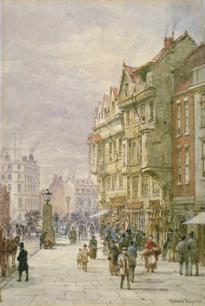 Utsikt østover langs Holborn med figurer og hestetrukne kjøretøy på gaten, London, 1875 av Louise Rayner