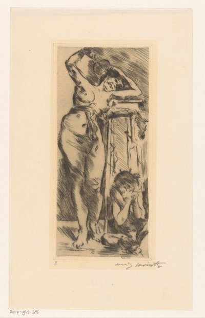 Naken kvinne med vifte i hånden og en sammenkrøpet figur til høyre av Lovis Corinth (signed by artist)