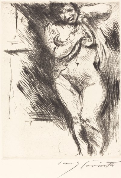 Naken med løftet skjorte (kvinne som kler av seg) av Lovis Corinth