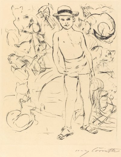Gutt iført badebukse og stråhatt av Lovis Corinth