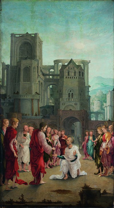 Kristus overleverer nøklene til St. Peter av Lower Rhenish pupil of Wolf Huber
