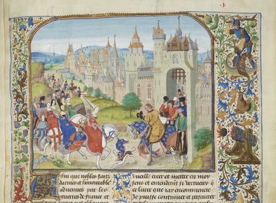Isabella av Frankrike ønsket velkommen av broren Charles IV til Paris, ca 1470-1475. av Loyset Liedet