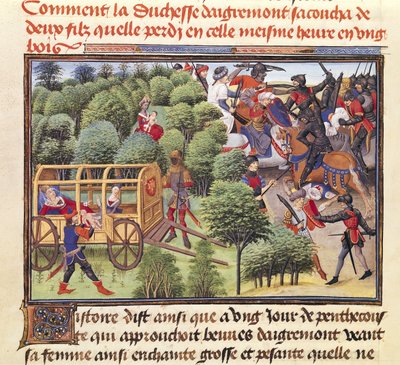 Ms 5072 f.6v Hvordan hertuginnen av Aigremont fødte to sønner og mistet dem i samme time i en skog, fra Renaud de Montauban-syklusen av Loyset Liedet