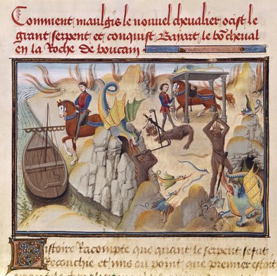 Ms 5072 fol.37v Maugis Fighting the Serpent and Gaining the Enchanted Horse, Bayard, fra Renaud de Montauban-syklusen av Loyset Liedet