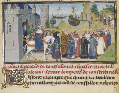 Den bysantinske keiseren tar imot Roussillon og Martel, 1468-1470 av Loyset Liedet
