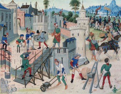 Byggingen av et palass, fra en "Aleksander den stores historie" av Loyset Liedet
