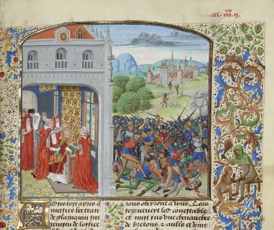 Kroningen av pave Gregor XI og slaget ved Pontvallain, 1370, ca 1470-1475. av Loyset Liedet