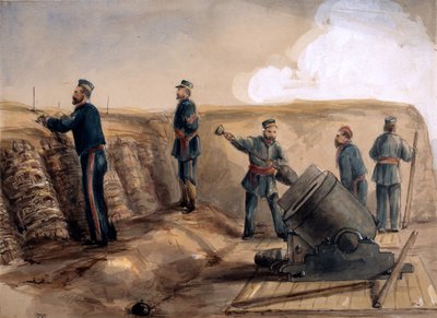 En 13-tommers mørtel av Royal Artillery i aksjon, 1855 (wc over blyant på papir) av Lt. Henry James Alderson