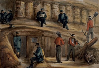 Skyttere fra Royal Regiment of Artillery hviler i skyttergravene til Sebastopol, ca. 1855 av Lt. Henry James Alderson