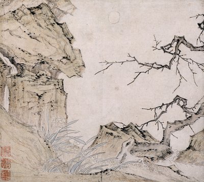 Narcissus, plommetre i et landskap (blekk og farge på papir) av Lu Zhi
