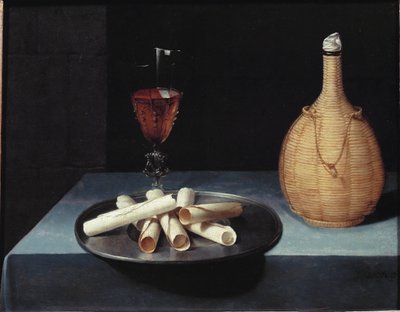 Stillebensoblatdessert av kjeks, vinflaske og glass - olje på lerret av Lubin Baugin