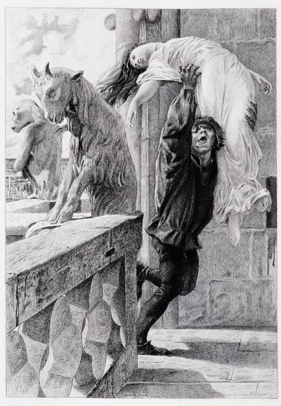 Quasimodo ableve Esmeralda - i "Notre Dame de Paris"" av Victor Hugo av Luc Olivier Merson, gravert av Gery Bichard, red. E. Testard, Paris av Luc Oliver Merson