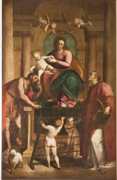 Genova, Duomo (St. Lawrence Cathedral), inne, Baptistery (tidligere Church of St John the Old): "Madonna and Child between St John the Baptist and St Lawrence", av Luca Cambiaso, Oljemaleri på panel av Luca Cambiaso