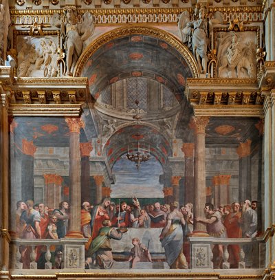 Genova, Duomo (St. Lawrence-katedralen), innvendig, Lercari-kapellet eller kapellet til det hellige sakrament (nordlig apsis), nordsiden: "The Presentation in the Temple", freskomaleri av Luca Cambiaso av Luca Cambiaso