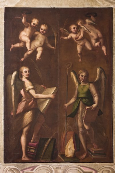 Genova, Duomo (St. Lawrence Cathedral), sakristi, kapell: "Engler med episkopale insignier, bøker og palmegrener", av Luca Cambiaso, ca 1580 av Luca Cambiaso