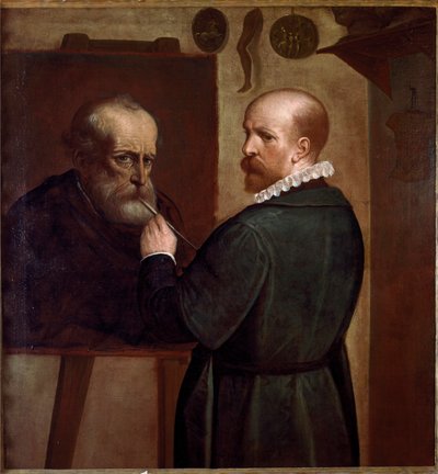 Selvportrett av kunstneren som lager portrettet av faren Maleri av Luca Cambiaso (1527-1585) 1570 ca. Sol. 104x97 cm Genes, Musei di Strada Nuova av Luca Cambiaso