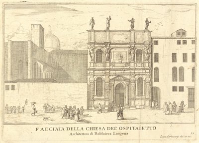 Fasade til Ospitaletto-kirken (plate 33) av Luca Carlevariis