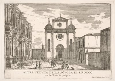 Plate 38: Utsikt over fasaden til kirken St. Roch og til venstre fasaden til Schoo..., 1703. av Luca Carlevarijs