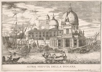 Plate 61: Utsikt over tollhuset Dogana da Mar ved sammenløpet av Canal Grande a..., 1703. av Luca Carlevarijs
