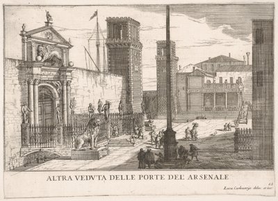 Plate 63: Utsikt over porten til verftet og våpenhuset Arsenale, Venezia, 1703, fr..., 1703. av Luca Carlevarijs