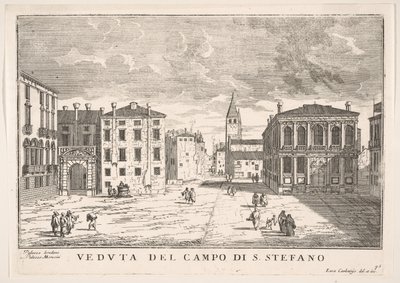 Plate 95: Utsikt over Campo Santo Stefano med Loredan-palasset og Morosini-palasset, Venezia ..., 1703. av Luca Carlevarijs