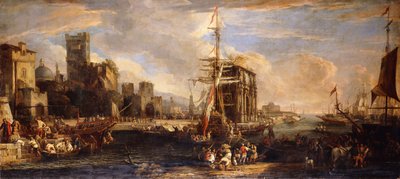En Capriccio av en middelhavshavn med østerriksk skipsfart, kjøpmenn og sjømenn på kaier i forgrunnen, et militskompani nær Konstantinbuen og Castel Sant"Angelo bortenfor, av Luca Carlevaris