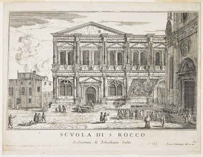 Utsikt over brorskapet til St. Rocco, tallerken fra The Buildings and Views of Venice, 1703, 1750-53 av Luca Carlevaris
