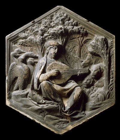 Allegory of Music som Orphee Dyrene i skogen lytter til Orphee som spiller lut. Høy relieff av Luca della Robbia av Luca Della Robbia