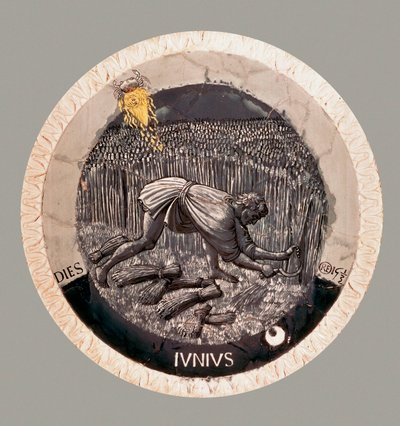 Juni: en bonde som høster hveten. Terrakotta av Luca della Robbia av Luca Della Robbia