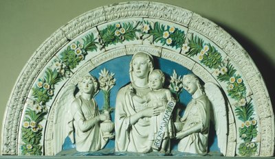 Madonna og barn, av Luca della Robbia (cirka 1400-1482), innfatning av glasert lertøy av Luca Della Robbia
