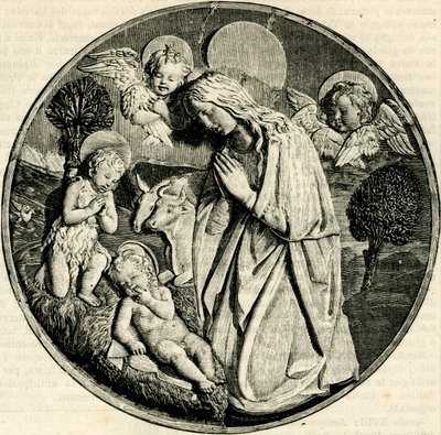 Madonna i tilbedelse av barnet med spedbarnet Døperen Johannes og kjeruber, av Luca della Robbia (1399/1400-1482), Prato, Toscana, Italia, tresnitt fra Le cento citta d
