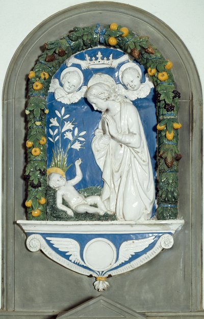 The Virgin Adoring the Child High Relief av Luca della Robbia (1400-1482) Sanctuary of Verna fra 1400-tallet, Italia av Luca Della Robbia