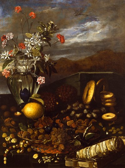 Stilleben med tørket frukt, blomster og landskap, av Luca Forte (1610-1670) av Luca Forte