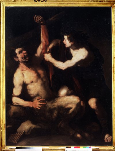 ""Apollo og Marsyas"" Apollo, etter å ha vunnet utfordringen mot Marsyas, får ham flådd og deretter kastet inn i en hule. Maleri av Luca Giordano (1632-1705) rundt 1650. Manierisme. Pushkin-museet, Moskva av Luca Giordano