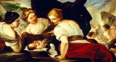 Daughters of Cecrops åpningskurv som holder baby Erichthonius, av Luca Giordano (1634-1705), olje på lerret, 76,5x133,5 cm av Luca Giordano