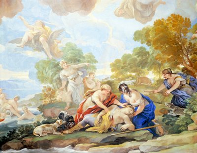 Death of Adonis, detalj av syklus av fresker i Hall of Mirrors av Luca Giordano (1634-1705), freskomaleri, Palazzo Medici Riccardi, Firenze av Luca Giordano