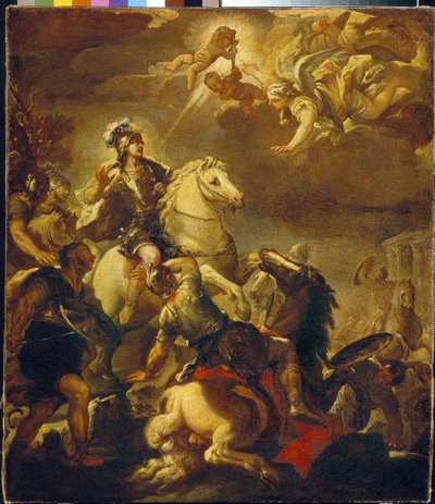 Korsets tilsynekomst for keiser Konstantin (Flauius Valerius Aurelius Constantinus, 272-306). (Korsets åpenbaring for keiser Konstantin). Maleri av Luca Giordano (1632-1705), olje på lerret, ca 1680. Italiensk kunst (Napoli) av Luca Giordano