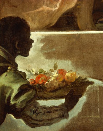 Tjener presenterer en kurv med frukt, detalj fra hyllest til Velazquez for greven av Santiesteban av Luca Giordano
