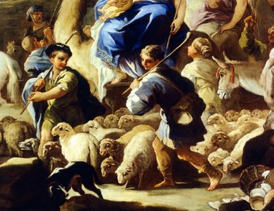 Sauer og gjetere, detalj fra Rebeccas avreise til Kanaan, av Luca Giordano (1634-1705), olje på kobber, 59x85 cm av Luca Giordano