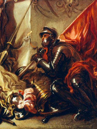 Soldat holder banner, detalj fra Allegory of War, av Luca Giordano (1634-1705), olje på lerret, 61x50 cm av Luca Giordano