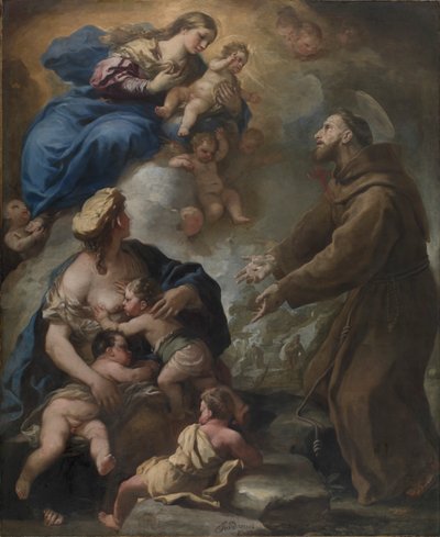Jomfruen og barnet som vises for den hellige Frans av Assisi, 1680-tallet. av Luca Giordano