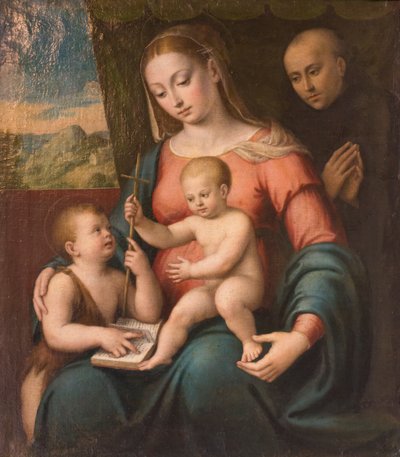 Jomfru med barn, den unge St. John og en St. Nicholas av Tolentino (olje på lerret) av Luca Longhi