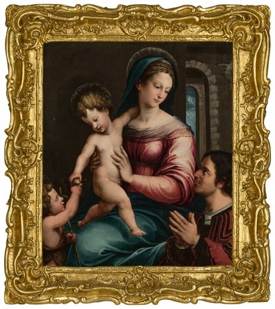 Madonnaen og barnet med spedbarnet Døperen Johannes og en giver (olje på panel) av Luca Penni