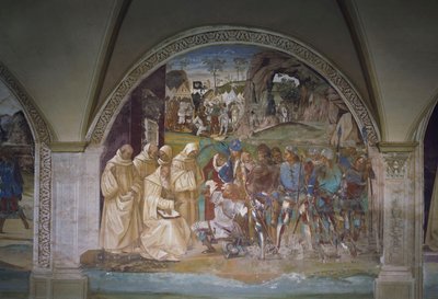 Benedikt oppdager Totilas bedrag, scene fra St. Benedikts liv av Luca Signorelli