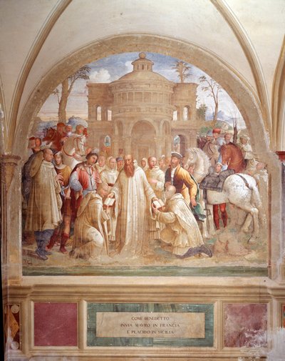 Benedict sender Maurus i Frankrike og Placid på Sicilia (Benedict sender Maurus i Frankrike og Placid på Sicilia) Freske av klosteret laget av Luca Signorelli som forteller om livet til Saint Benedict of Nursie (480 - 567) grunnlegger av Benediktinerordene av Luca Signorelli